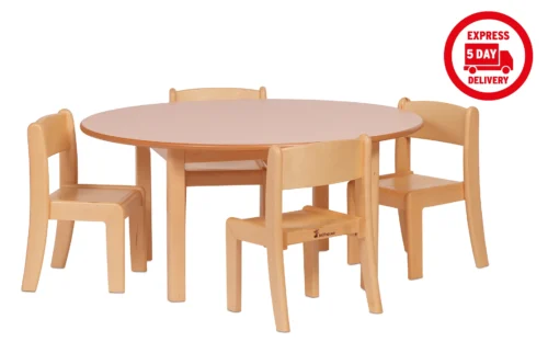 Millhouse Medium Circular Table + 4 Beech Stacking Chairs